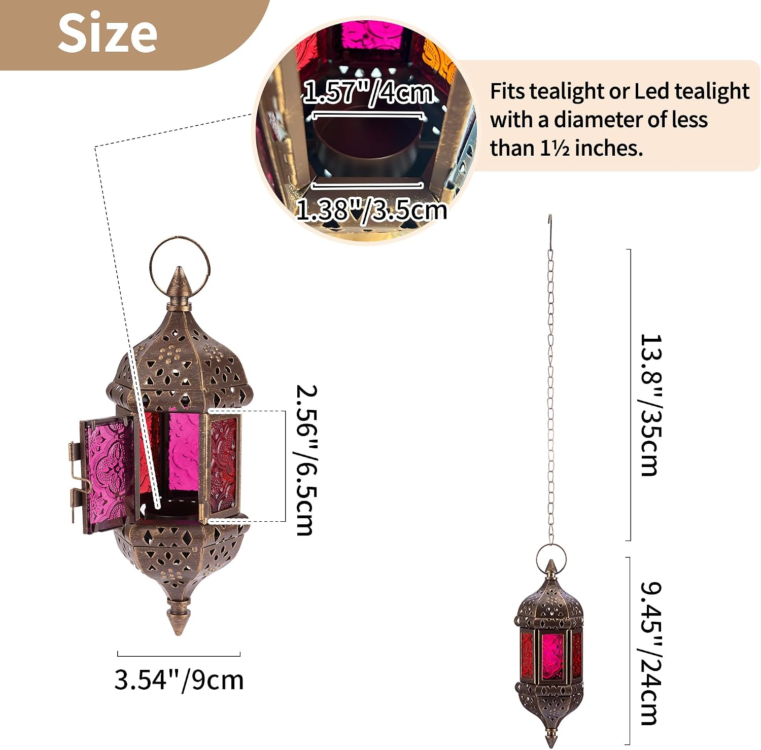 Hanging Hexagon Decorative Moroccan Candle Lantern Holders, Handmade Hanging Tea Light Holder in Brown Metal & Red &