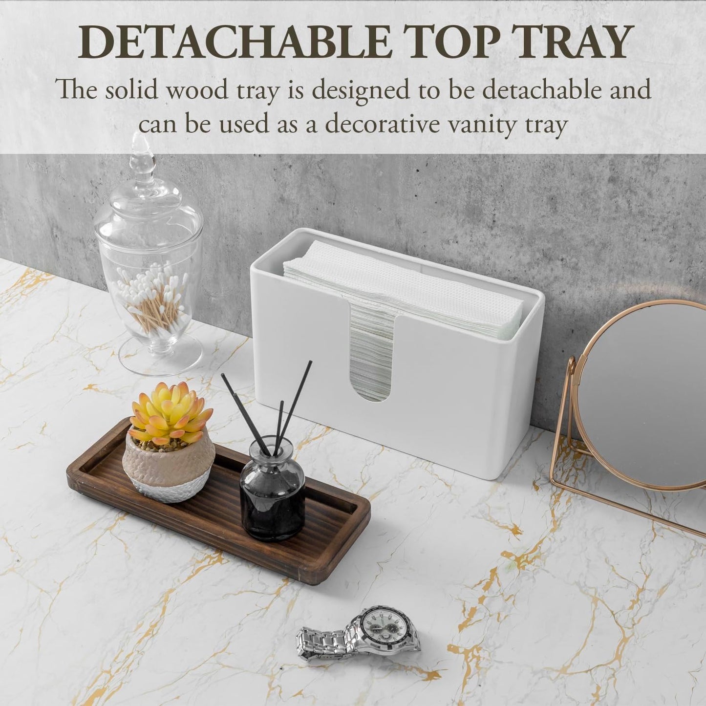 MyGift Deluxe Modern Matte White Metal Folded Commercial Paper Towel Holder with Rustic Burnt Solid Wood Tray Lid, Wall