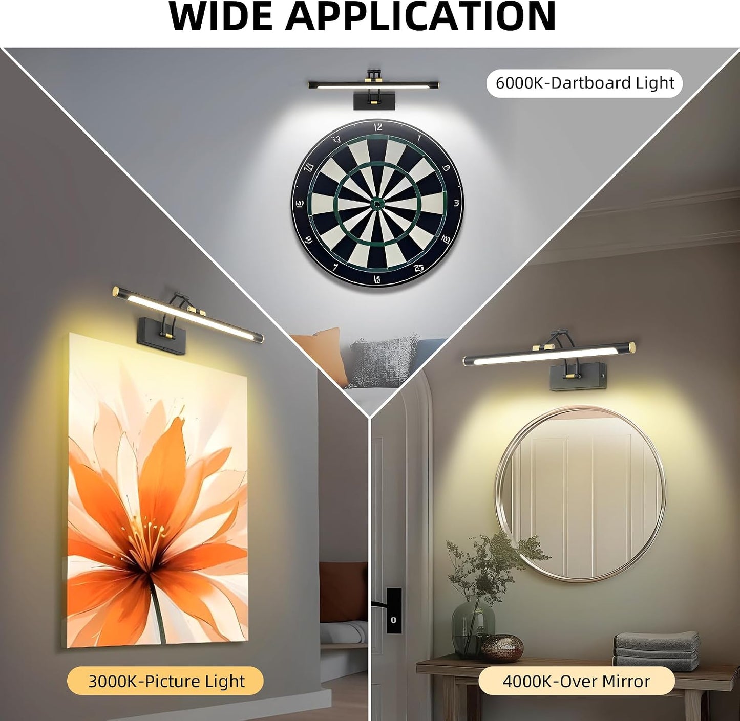 16" Picture Lights for Wall, 8000mAh Rechargeable Wireless Remote | Battery Operated Art Light 3000K/4000K/6000K