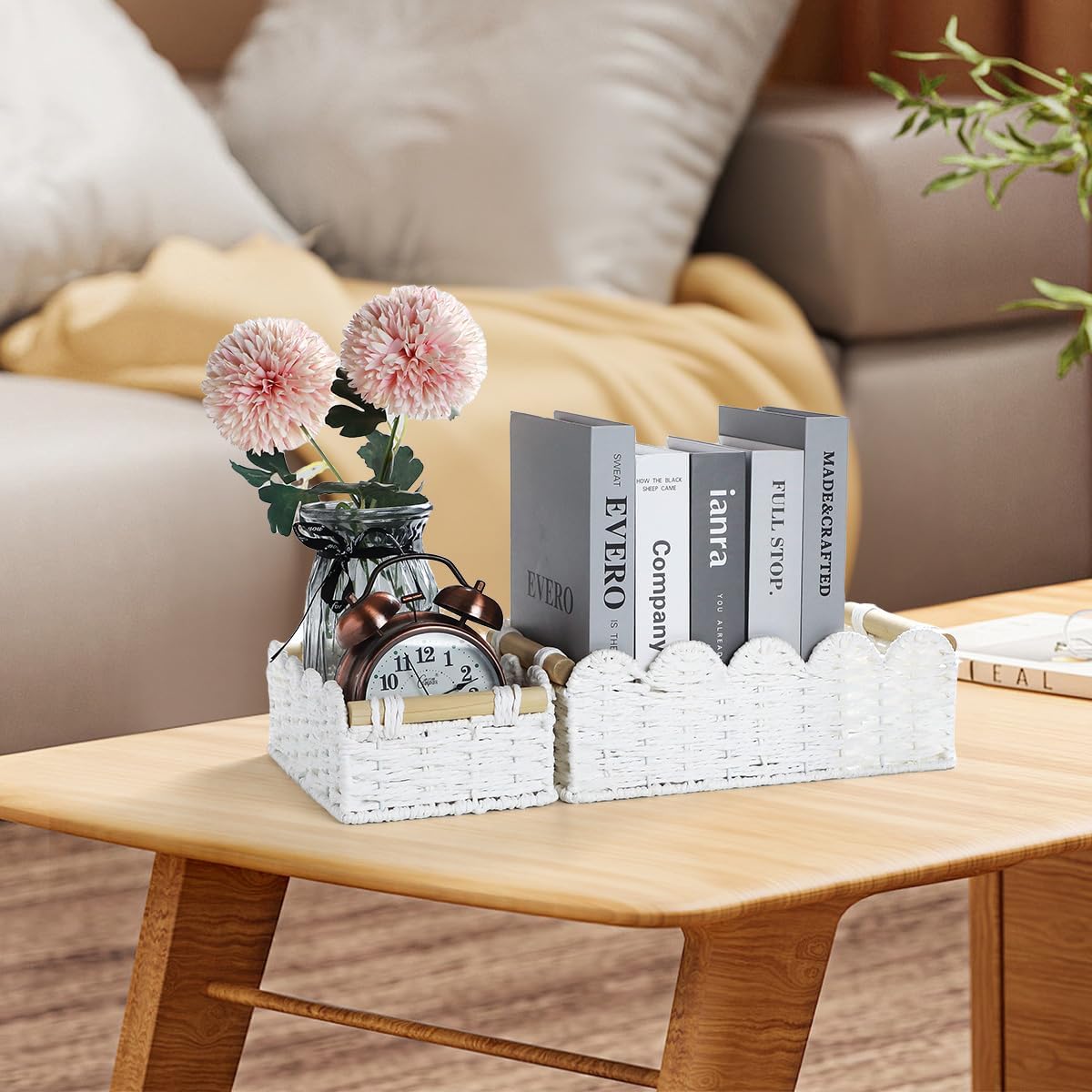 Wooden Handles Hand-Woven Organizer Bin / White-b / Set of 2