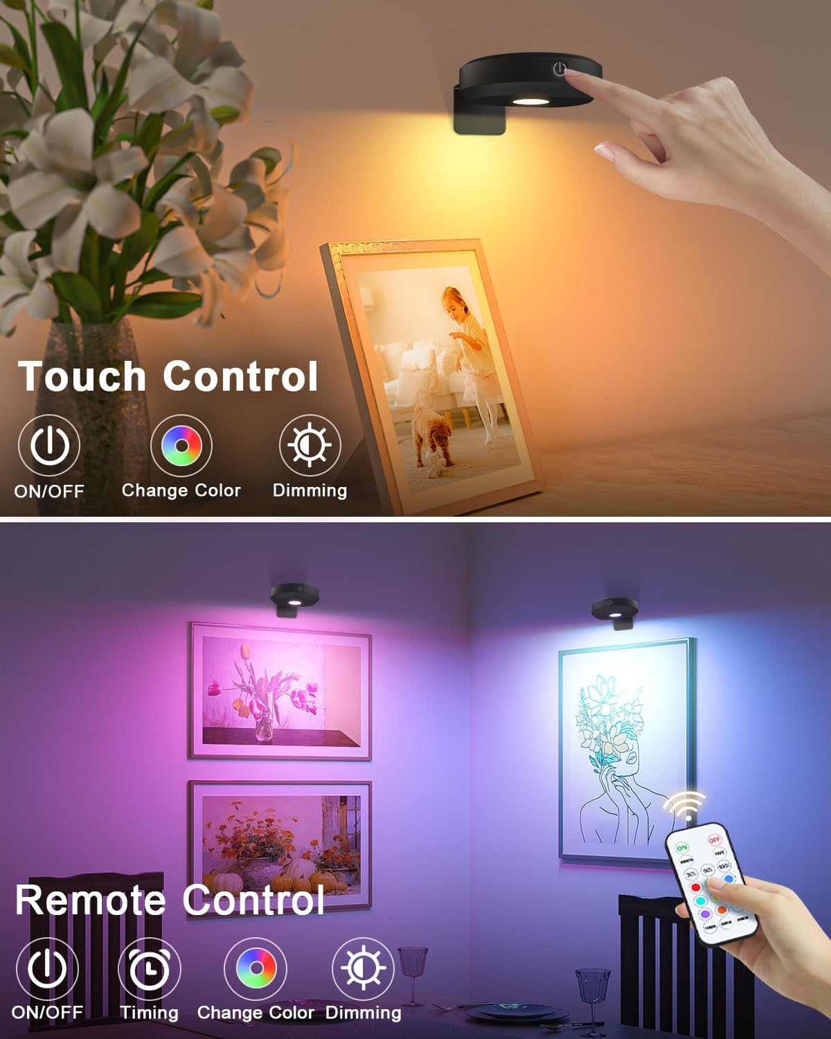 WILLED Rechargeable RGB Wall Lights for Pictures,Puck Lights with Remote | 9 RGB Colors,Dimmable with Timer,Wireless