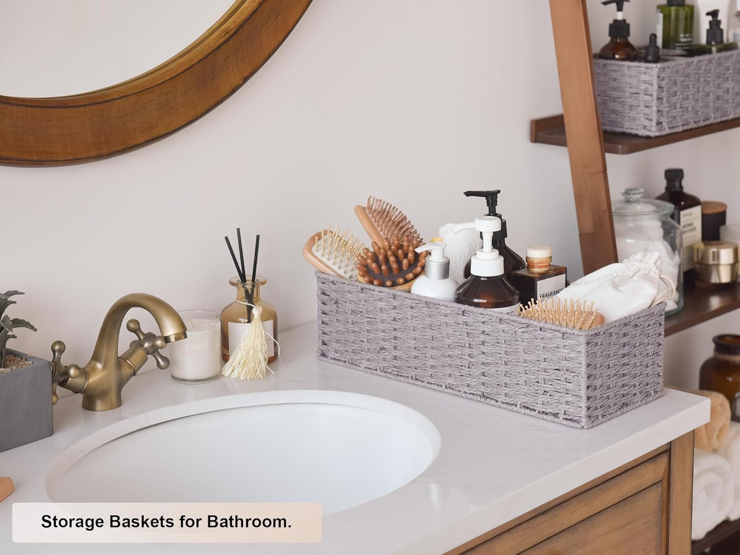 Wicker Basket / Round Paper Rope Toilet Tank Topper Basket / Gray / Set of 2