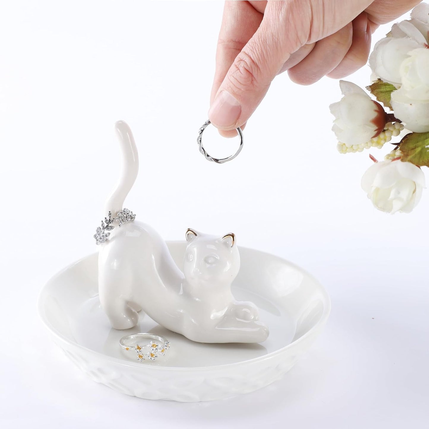 Ceramic White Ring Holder Jewelry Tray / White Lying Down Cat