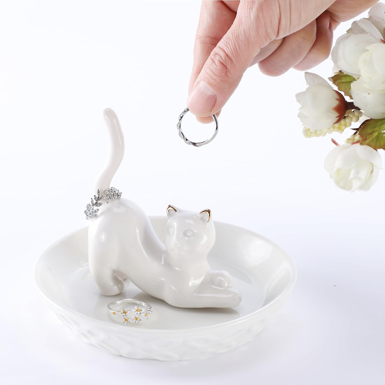 Ceramic White Ring Holder Jewelry Tray / White Lying Down Cat