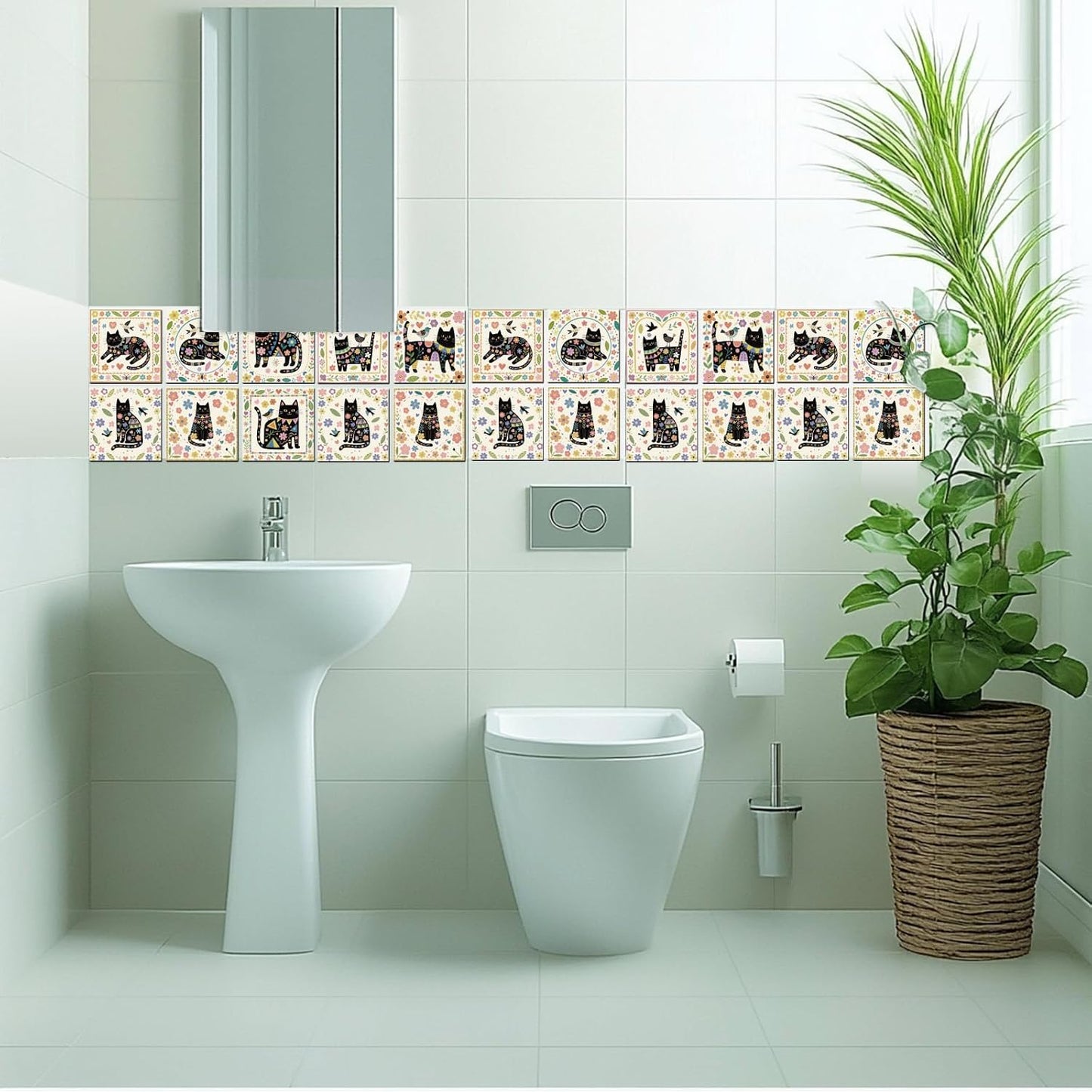 9 Style Tile Stickers Artistic Flowers Peel and Stick Wall Stickers / Black Cats / Set of 36
