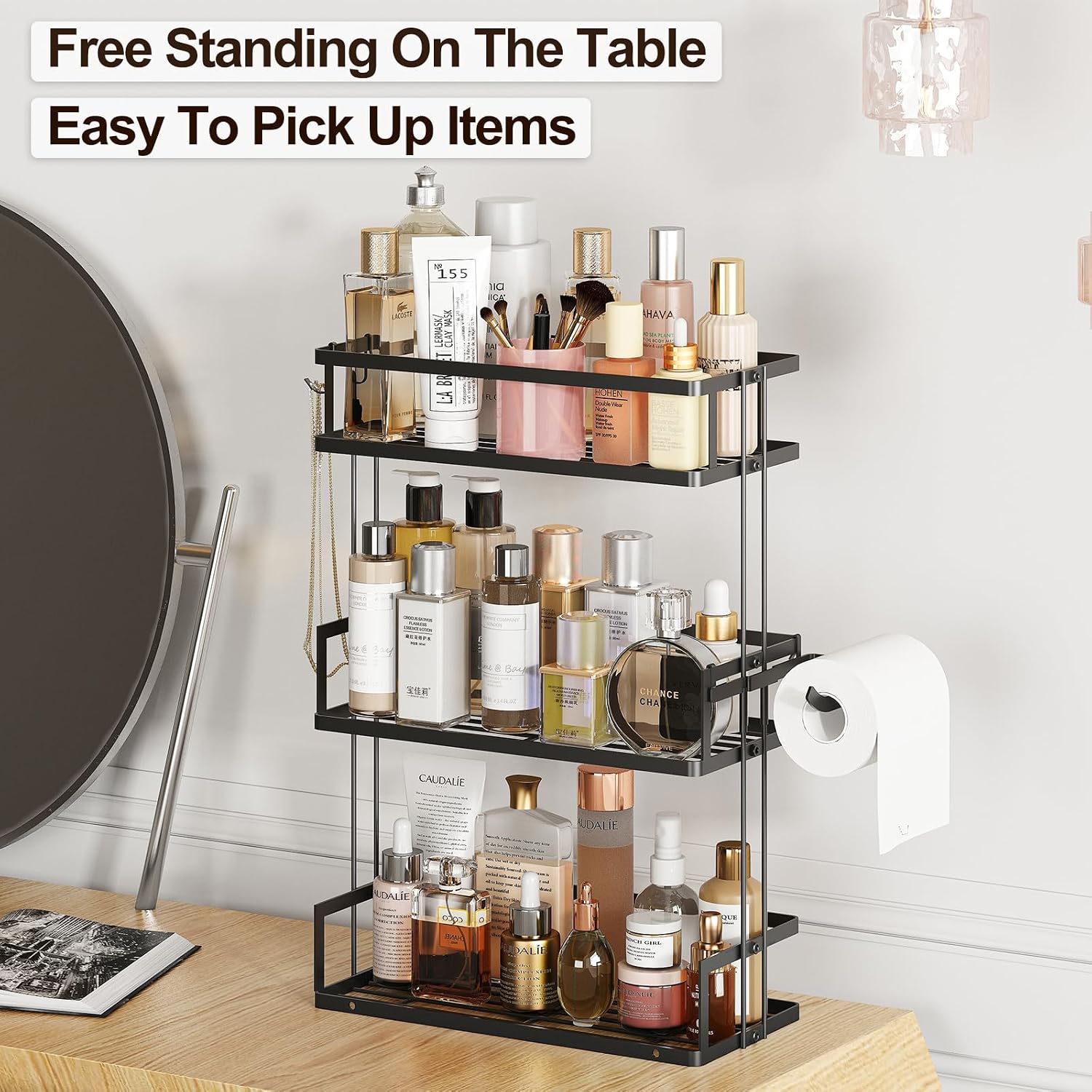 3-Tier Over Toilet Storage Shelf, Wall-Mount with 2 Hook/Paper Rack | Bathroom Organizers and Storage Cabinet