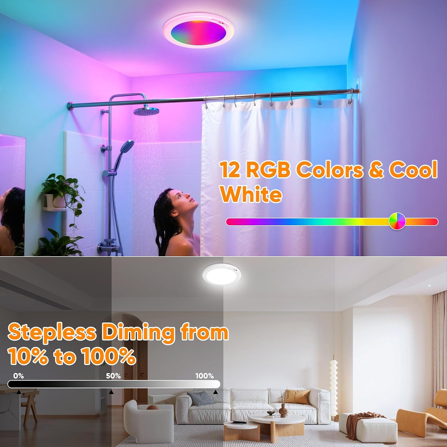 Rechargeable Motion Sensor Ceiling Light, Battery Closet Light 12 RGB Color | Wireless Battery Powered LED Shower