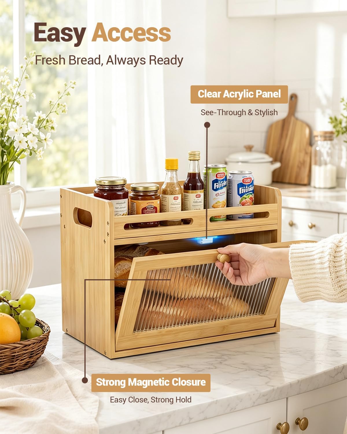 Bread Box for Kitchen Countertop, Bamboo Storage with Raised Top Shelf | Acrylic Window, Rear Vents, Magnetic Closure