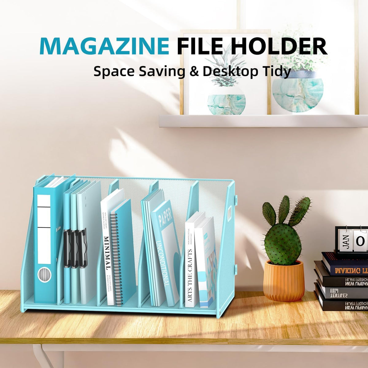 Binder Organizer, Magazine File Holder with 5 Vertical Rack, Blue | Metal Desk File Organizer & Binder Holders