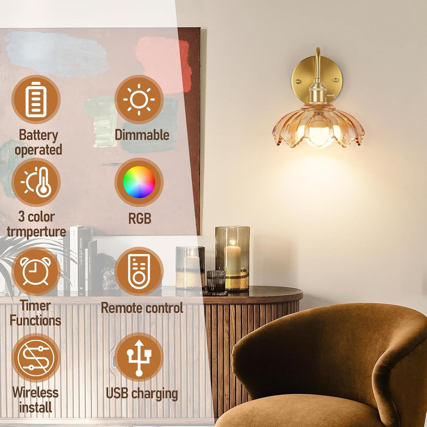 Vintage Glass Sconces, Battery Operated Wall Light with Remote, Rechargeable Wall Sconces RGB, No Socket Required, Easy