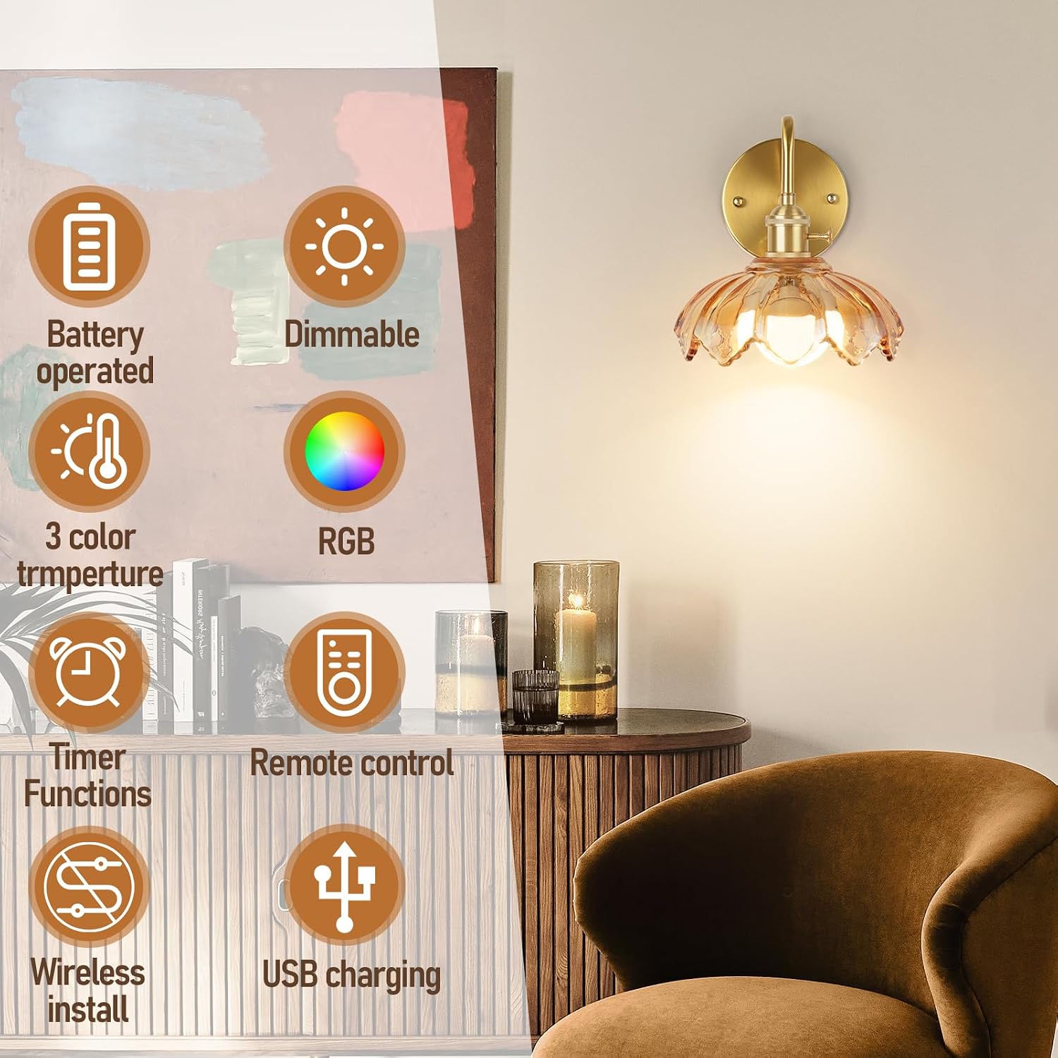 Vintage Glass Sconces, Battery Operated Wall Light with Remote, Rechargeable Wall Sconces RGB, No Socket Required, Easy