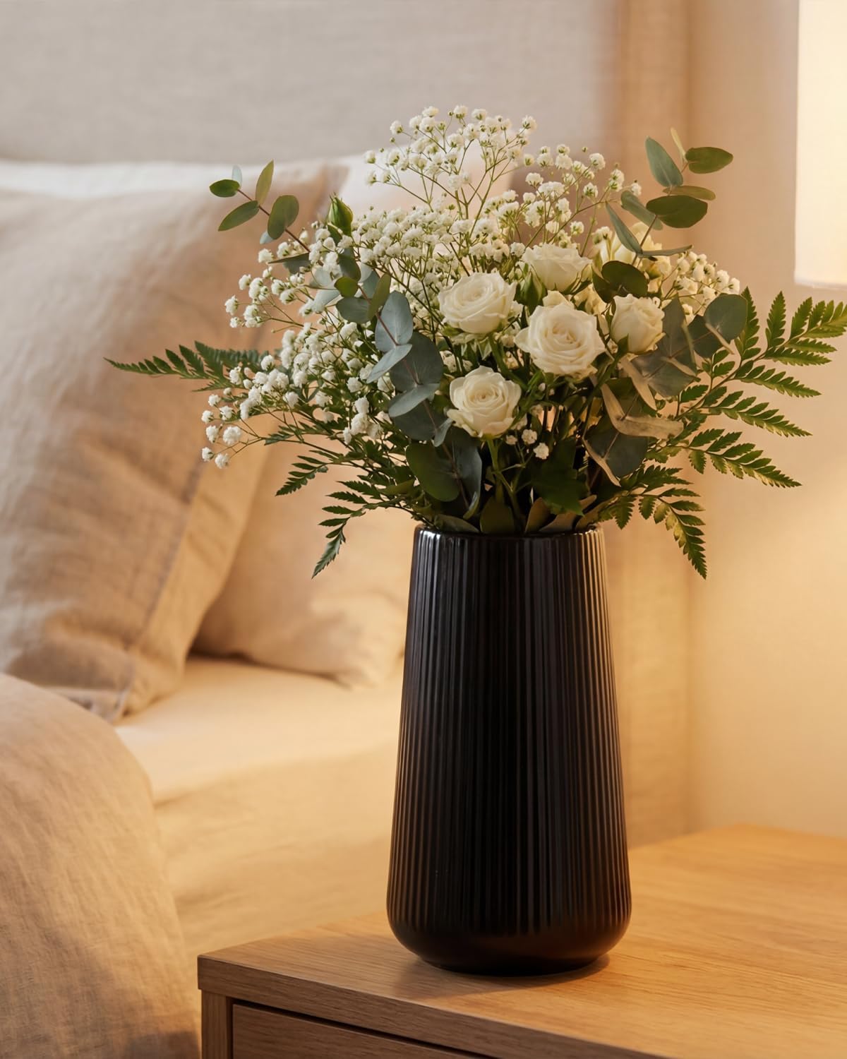 Ceramic Vase / Modern Ribbed Decorative Vase / Black01 / Black / 8 Inch