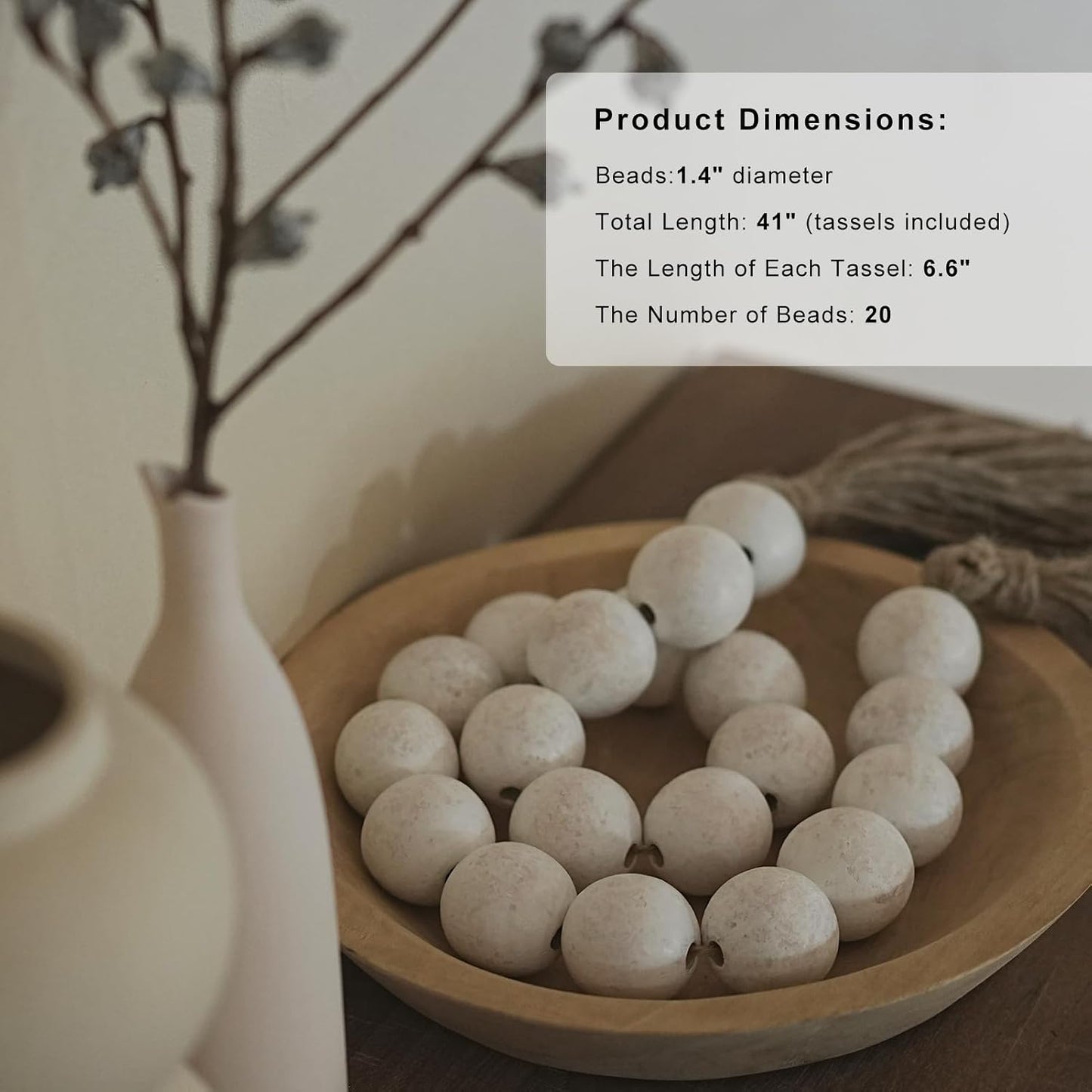 Wooden Beads Garland / Rustic White / 41 Inches