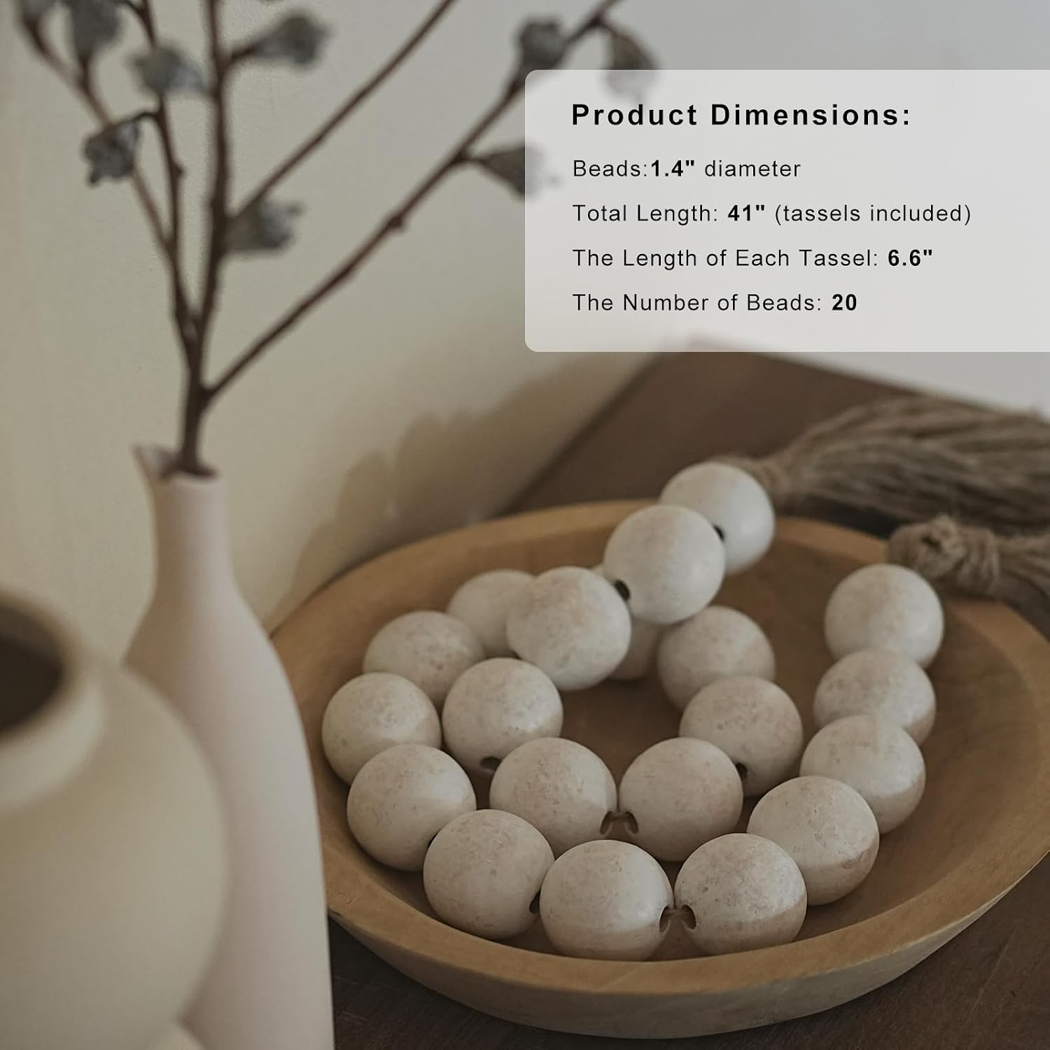 Wooden Beads Garland / Rustic White / 41 Inches