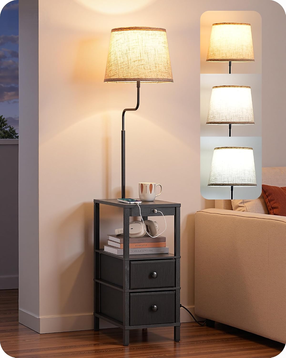 PARTPHONER Floor Lamp with Table, Night Stand with Lamp, Narrow Side Table with 3CCT LED Bulb, Small Coffee Table