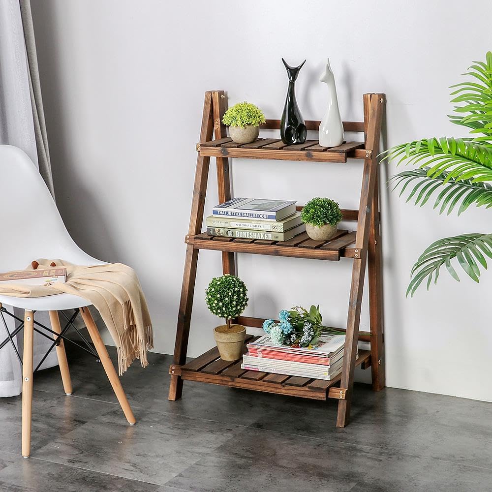 Yaheetech Wooden Plant Stand, 3-Tier Foldable Ladder Shelf, Indoor Outdoor | 23.6 x 15 x 36.6 in Plant Ladder for Pots
