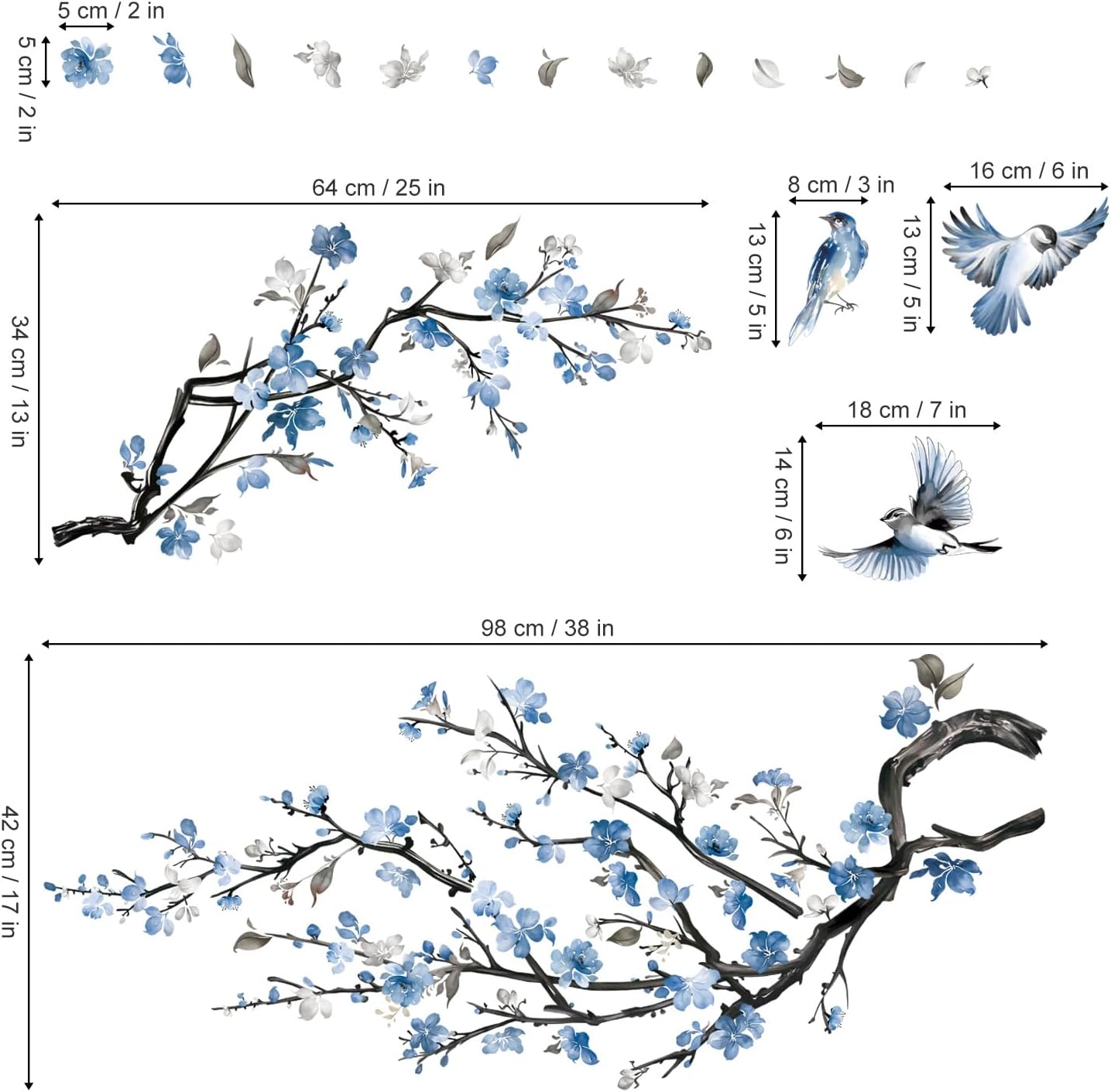Watercolor Flower Branch Wall Decals Blossom Tree Branch Floral Wall Stickers Bedroom Living / Blue