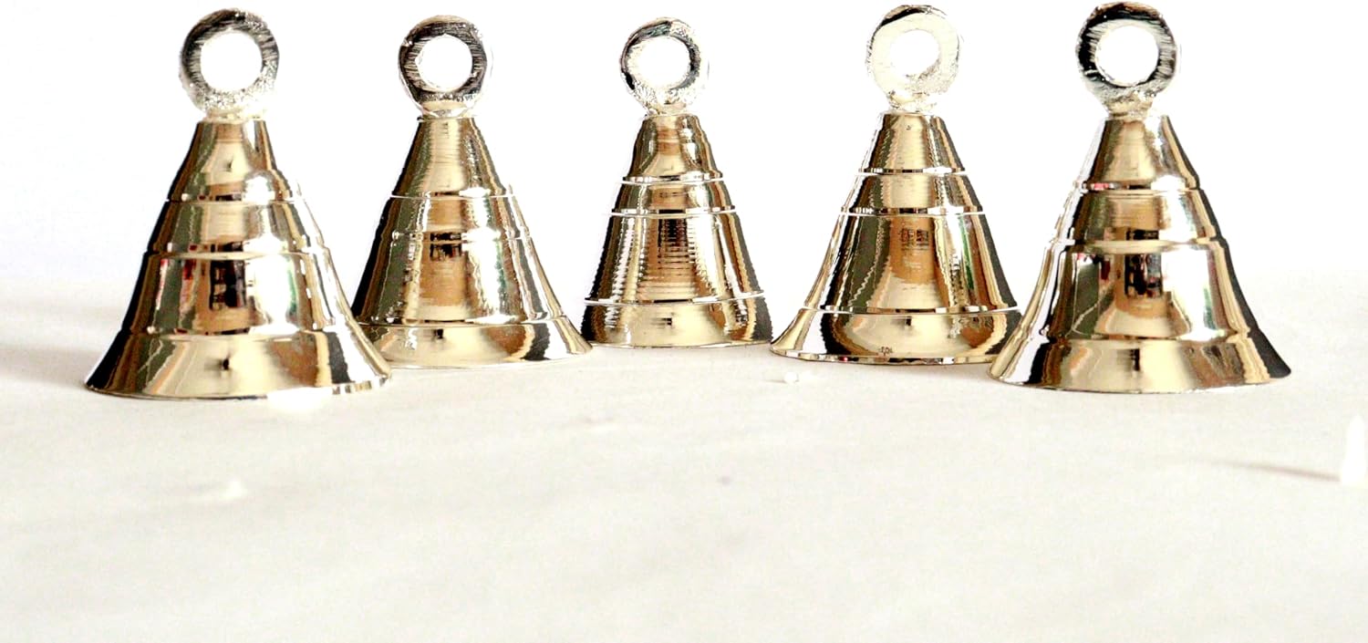Solid Brass Pooja Bells with J Hook Home Decor Christmas Bell Wall Hanging Jingle Bell Ornaments New (24, Silver Bells