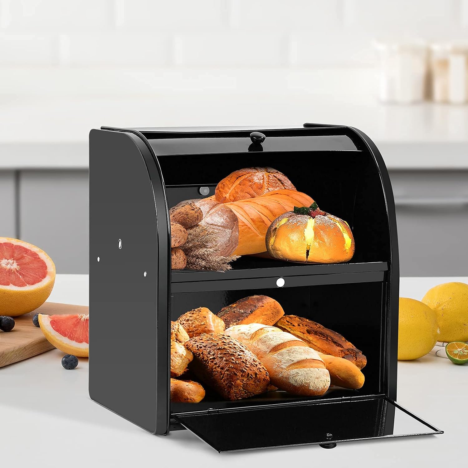 Stainless Steel Bread Box, 2 Layer Roll Top Bread Boxes, Large Capacity Food Storage Container for Kitchen Counter
