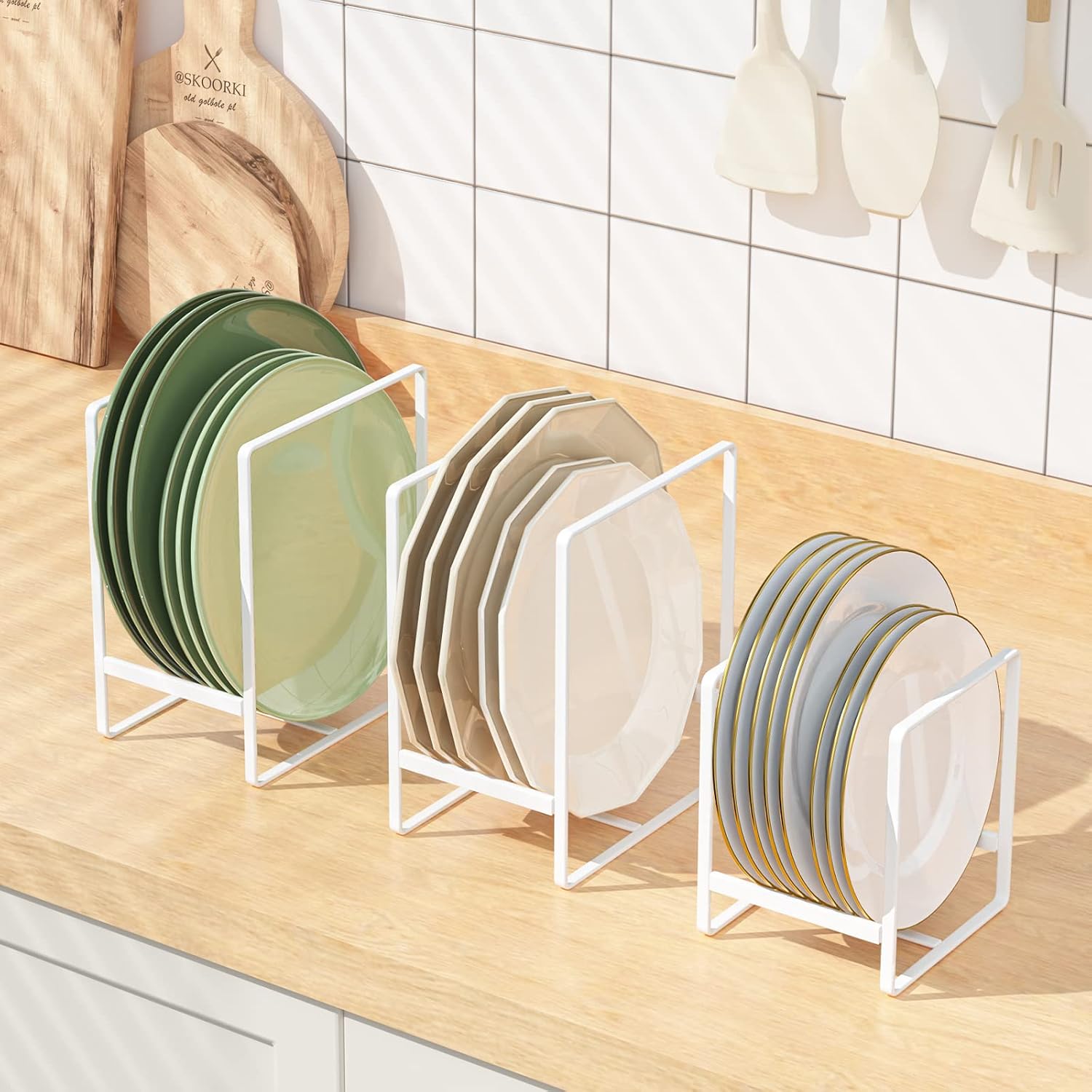 2 Large 1 Small Plate Organizers Holders Upright Cabinet Dish Drying Racks Metal Plate Dish Organizers Racks Stands for