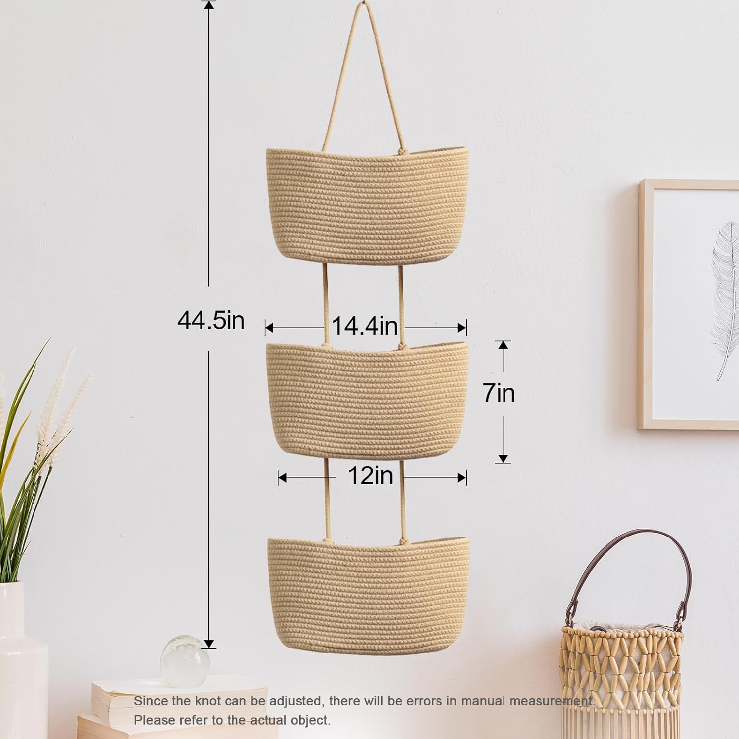 3-Tier Woven Cotton Wall-Mounted Storage Organizer Bag Decorative Hanging Nursery / Jute