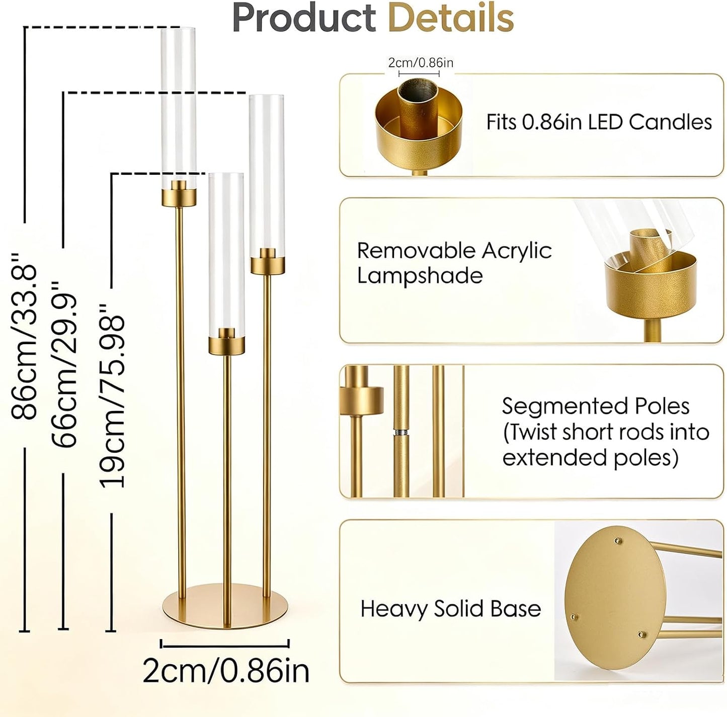 4PCS Gold 3-Arm Candelabra Centerpiece for Table 33.8in Metal | Candle Holder with Acrylic Lampshade,Fits LED Taper