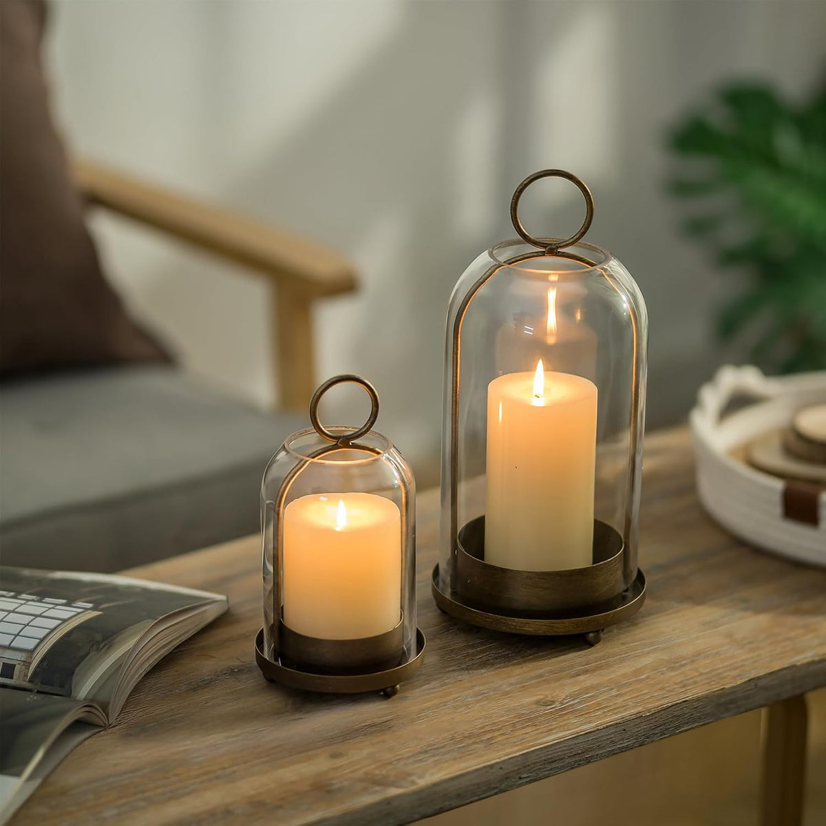 Sziqiqi Hurricane Candle Holder Lanterns: Pillar Candle Holders Set of 2 | With Removable Glass Dome for Outdoor