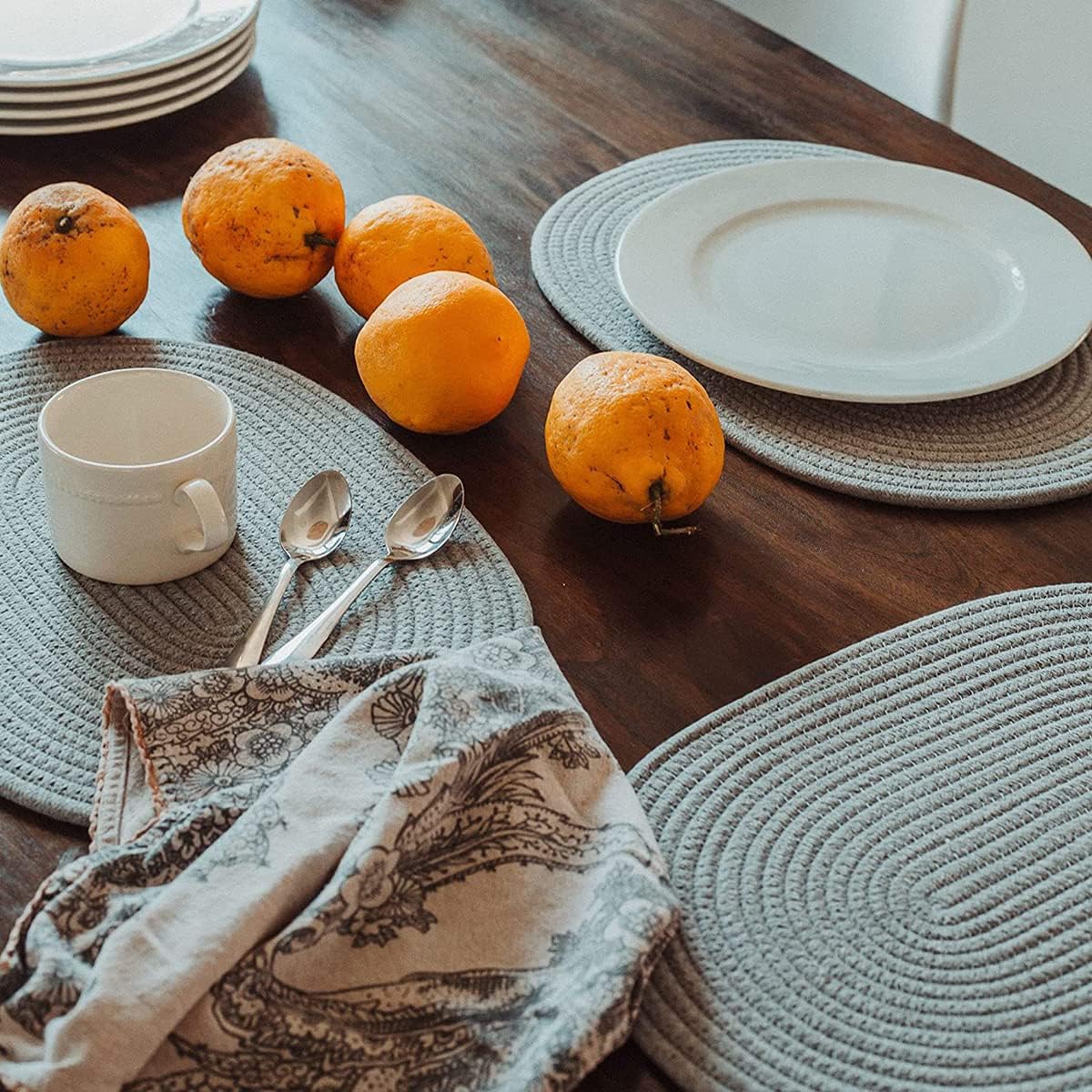 6 Pack Woven Placemats, 12x16 inches Gray Oval Plate Charger Cotton Heat Resistant Non-Slip Weave Place mats Farmhouse