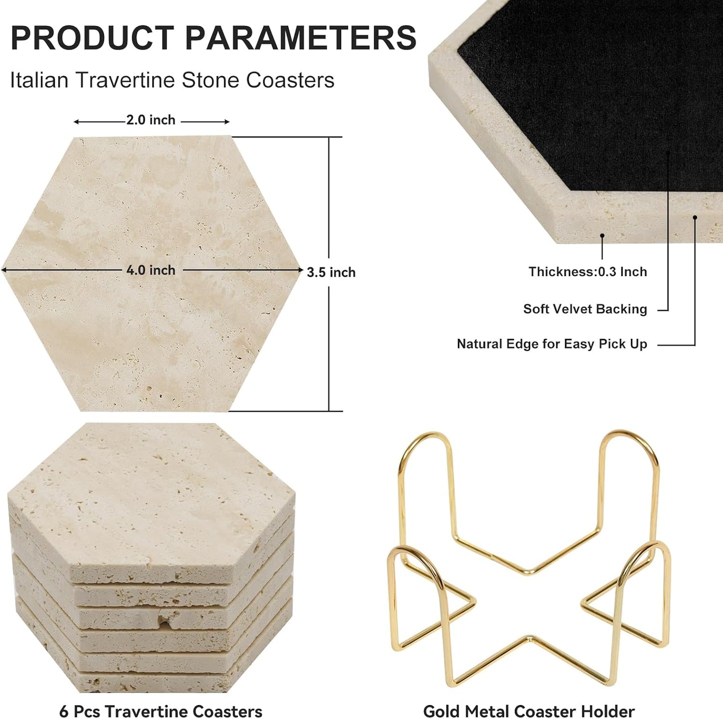 Holder / Hexagonal Rustic Farmhouse Marble Drink Coasters / 02 - Hexagon / Beige / Set of 6