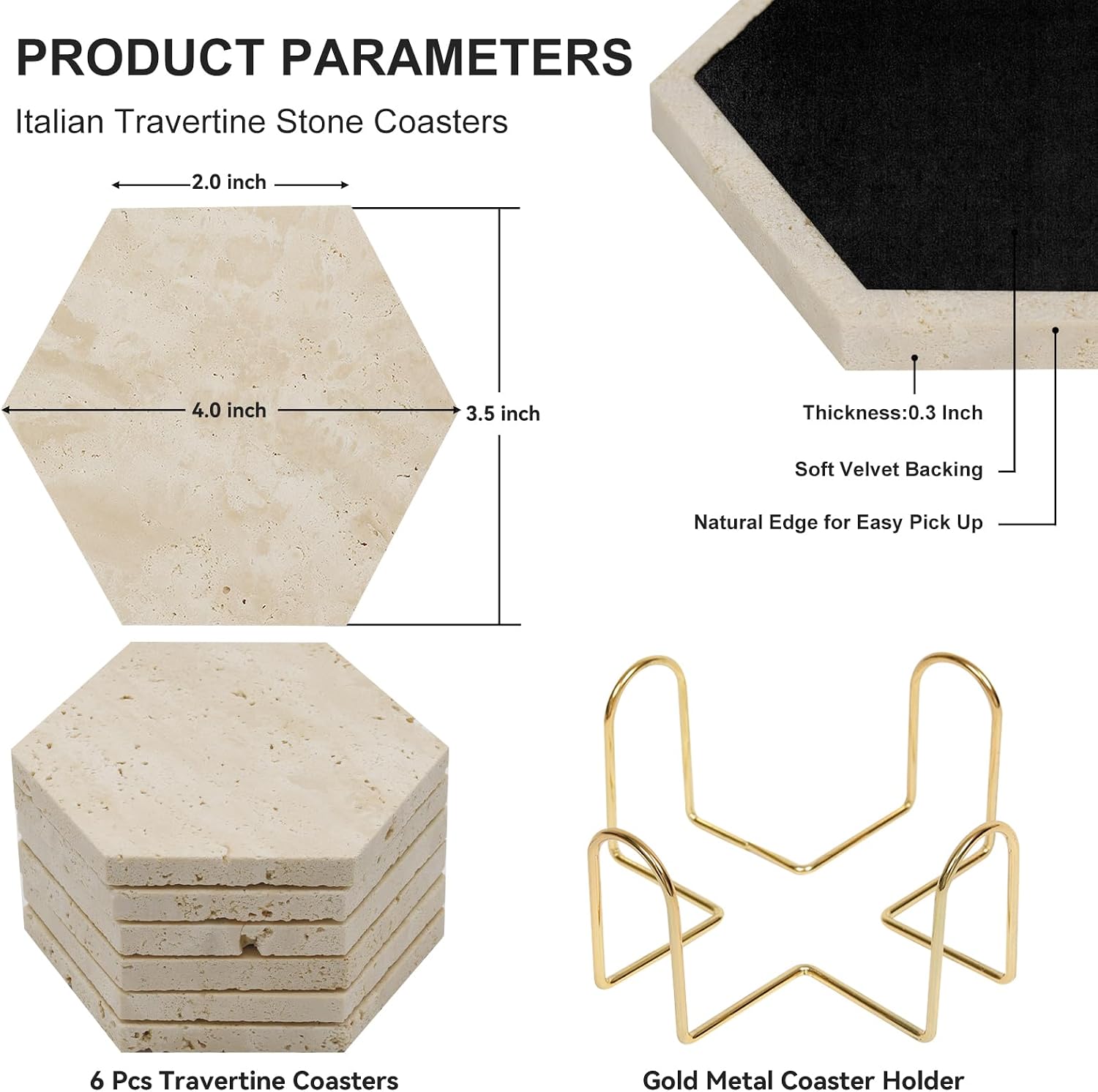 Holder / Hexagonal Rustic Farmhouse Marble Drink Coasters / 02 - Hexagon / Beige / Set of 6