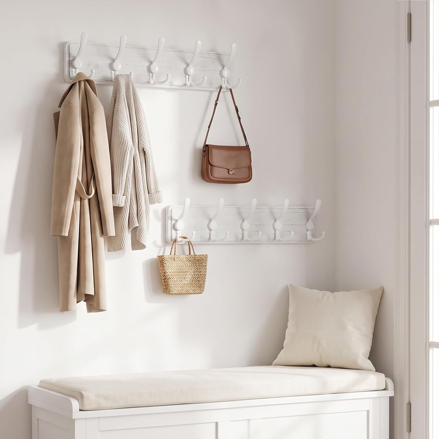 WEBI Coat Rack Wall Mounted,Wood Coat Hooks Wall Mount,16" Hole to Hole,Large Coat Hanger Wall Hook Rack,5 Triple Hooks