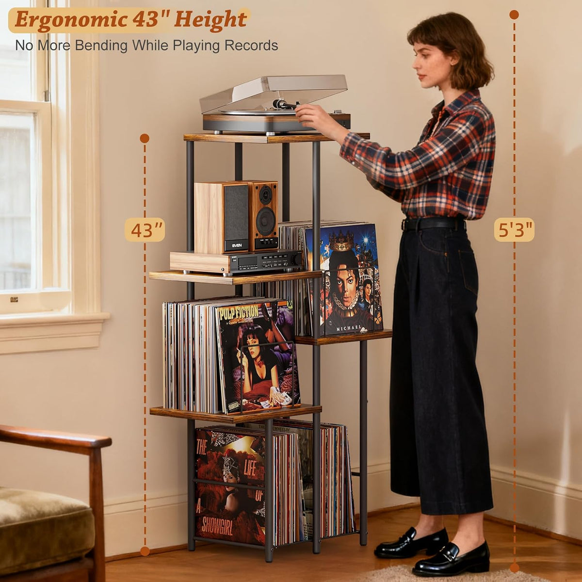 Record Player Stand, Vinyl Record Storage Holder with Display Shelf, Turntable Stand Table with Vinyl Organizer