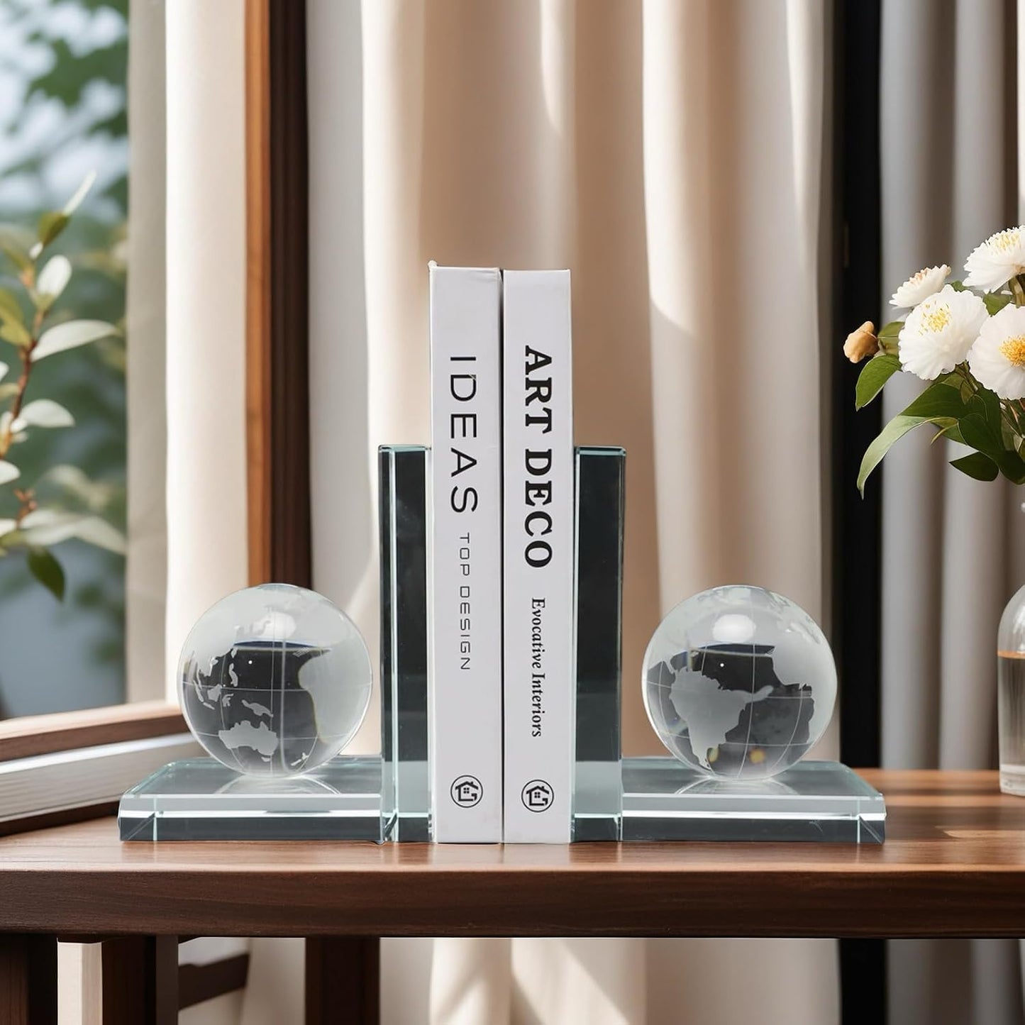 Home Decorative Earth Crystal Bookends for Heavy Book Elegant Glass Bookshelf Room Office Desk Decor