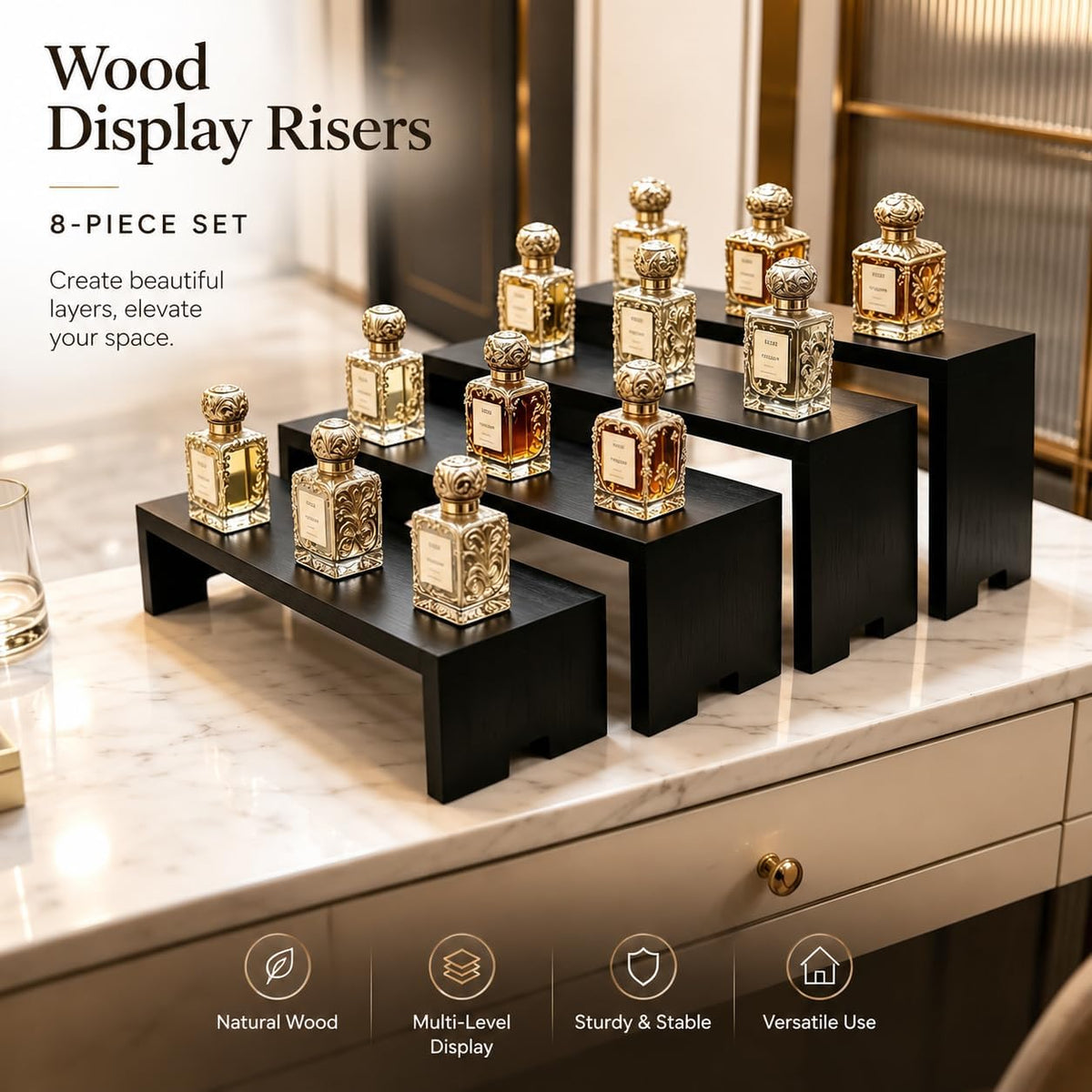 Yikaroeli Large Display Wood Risers Wooden Display Stand 4 Tiered Wood Racks Decorative Rectangular, 4 Set 16 Pieces