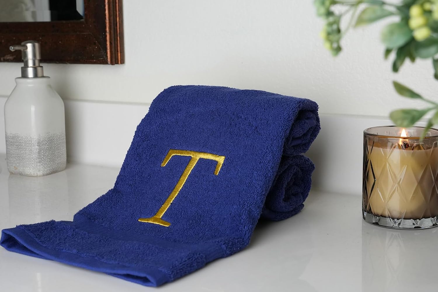 Navy with Gold Monogrammed Hand Towels for Bathroom - Set of 2 Letter T | Luxury Hotel Quality Initial Towels For
