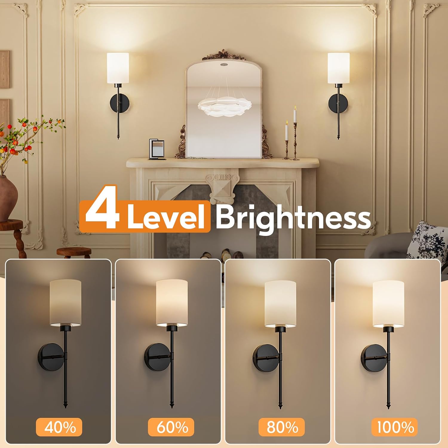 20.67 inch Battery Operated Wall Sconce Set of 2, Black Rechargeable Wall Lights with 10400mAh Dimmable Bulbs and