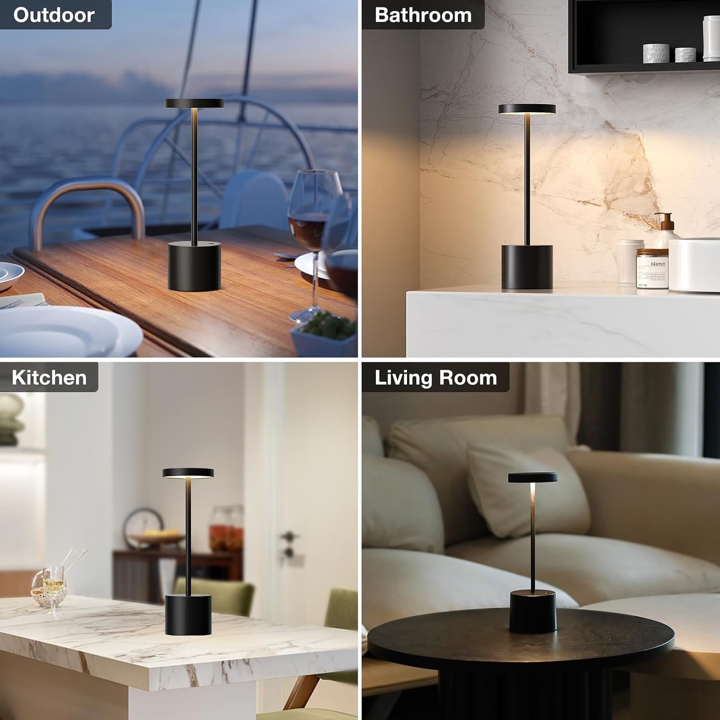 Cordless Rechargeable Table Lamp, 4000mAh Battery Operated, Black, 2 Pack | Wireless LED Lamp, 3 Color Modes, Stepless