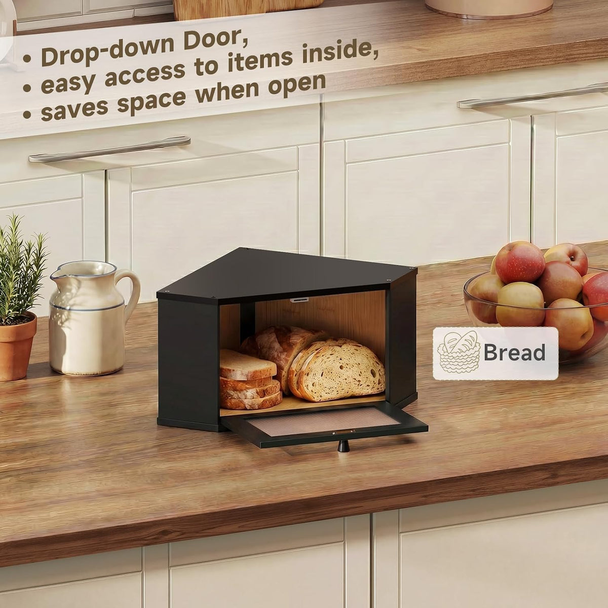 Corner Bread Box For Kitchen Countertop,Bread Storage Bin (Black, Medium) | Small Bamboo Bread Container,Corner Shelf