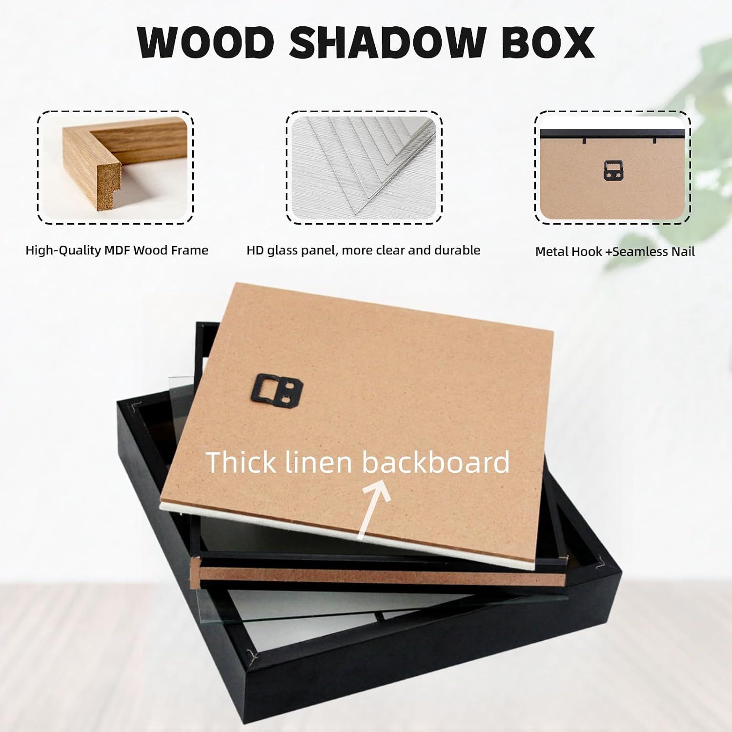 Muzilife 12x12 Shadow Box Wood Picture Frame, Tempered Glass, Black | FSC-Certified MDF | Soft Acid-free Linen Board
