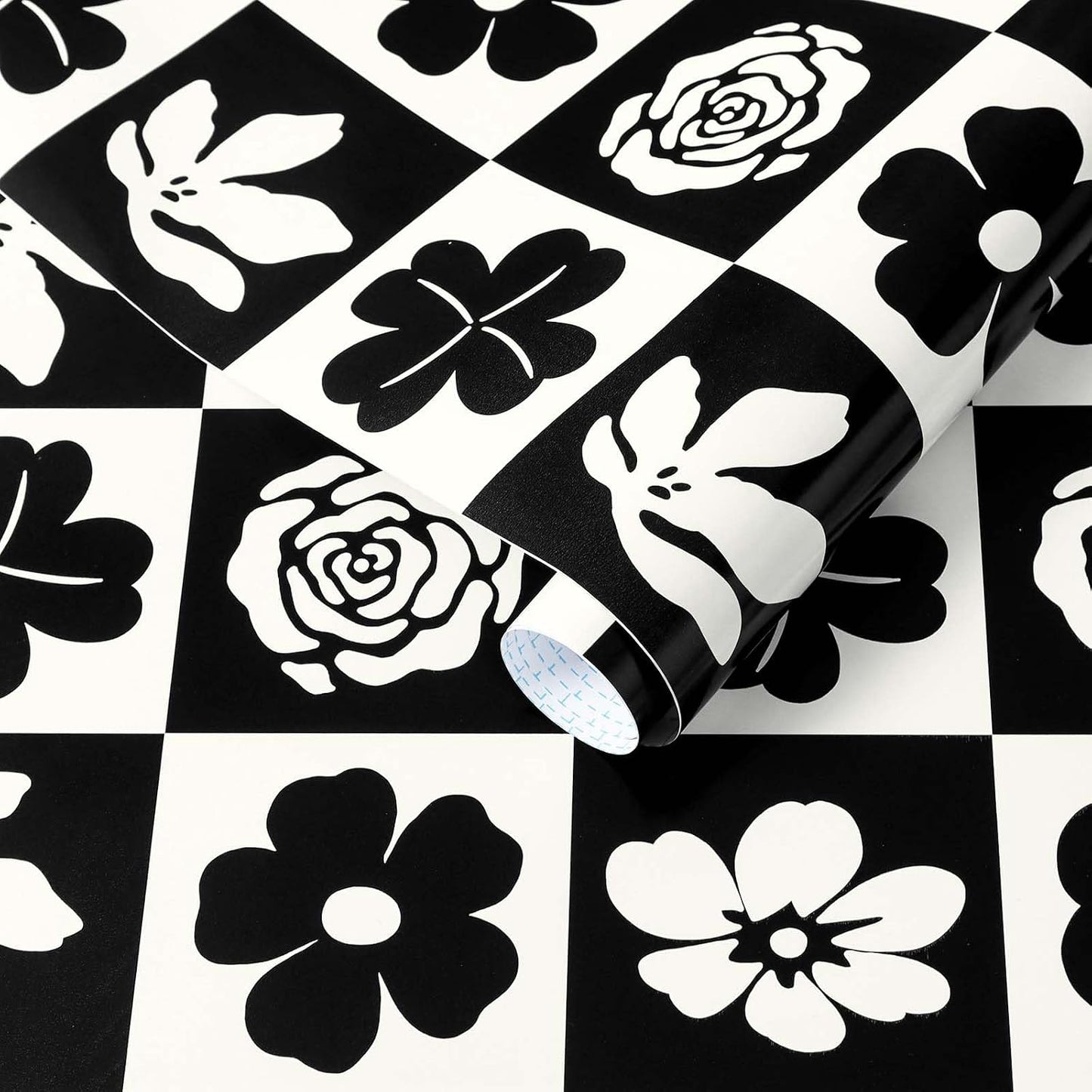 Black and White Wallpaper Peel and Stick Checkerboard Plaid Contact Paper / 17.3 x 196 / Black/white