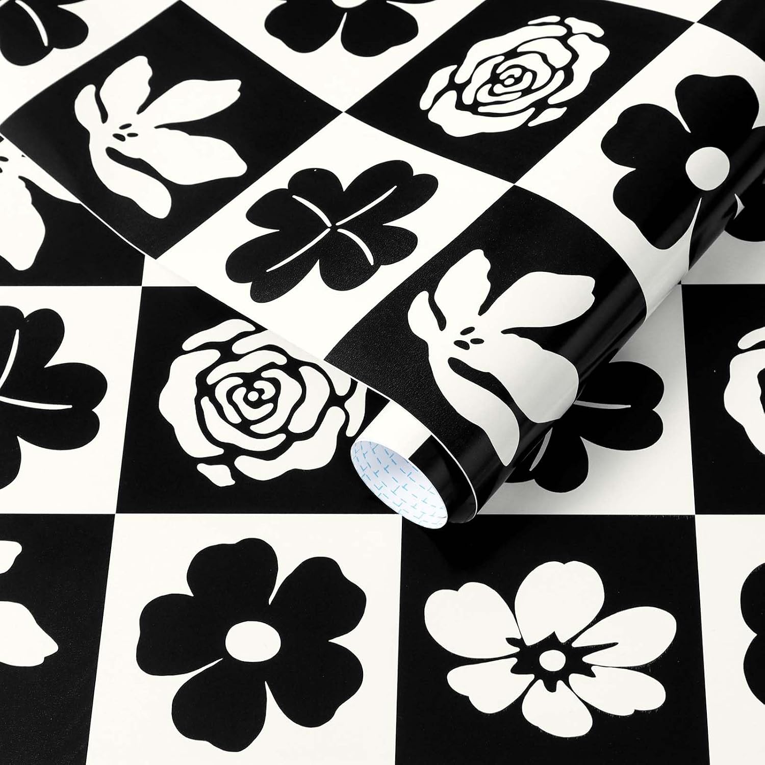 Black and White Wallpaper Peel and Stick Checkerboard Plaid Contact Paper / 17.3 x 196 / Black/white