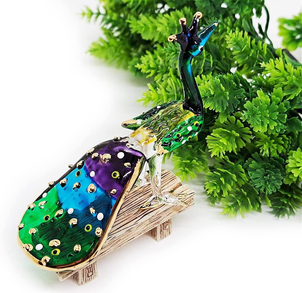 Tiny 3" Long Blue Purple Peacock Peafowl Bird Figurine / Peacock Gr Bl / Green