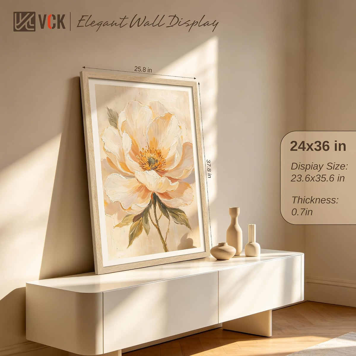 VCK 24x36 Poster Frames Set of 6, Natural Solid Wood, Wall Hanging | Wide Border, Light Woodgrain, Shatterproof