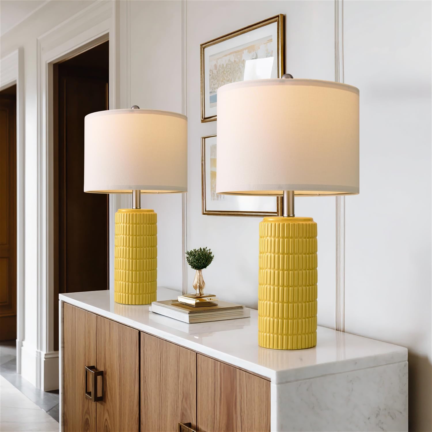 PoKat 23" Yellow Table Lamps Set of 2, Modern Living Room End Table Lamps Decor, Ceramic Lamps for Living Room