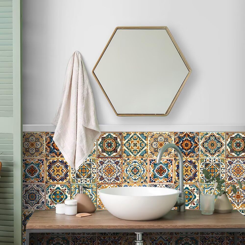 Moroccan Boho Tile Stickers Peel and Stick / 4 x 4 / Retro Green / Set of 24