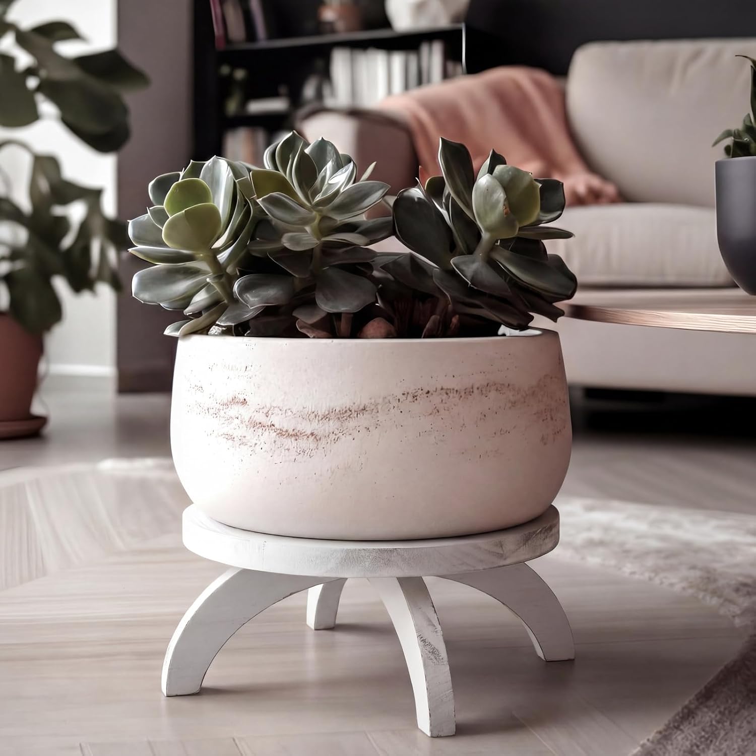 Short Plant Stand Small Wood Plant Stool Low Wood Riser Pedestal Display / Round / White / Set of 2