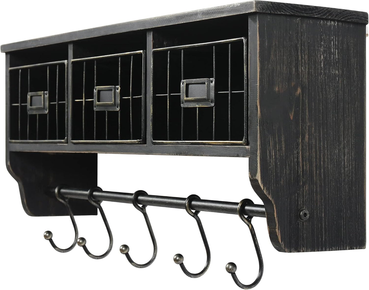 HBCY Creations Wall Mounted Shelf with Coat Hooks and Baskets, Solid Wood Entryway Organizer Wall Shelf with Hooks