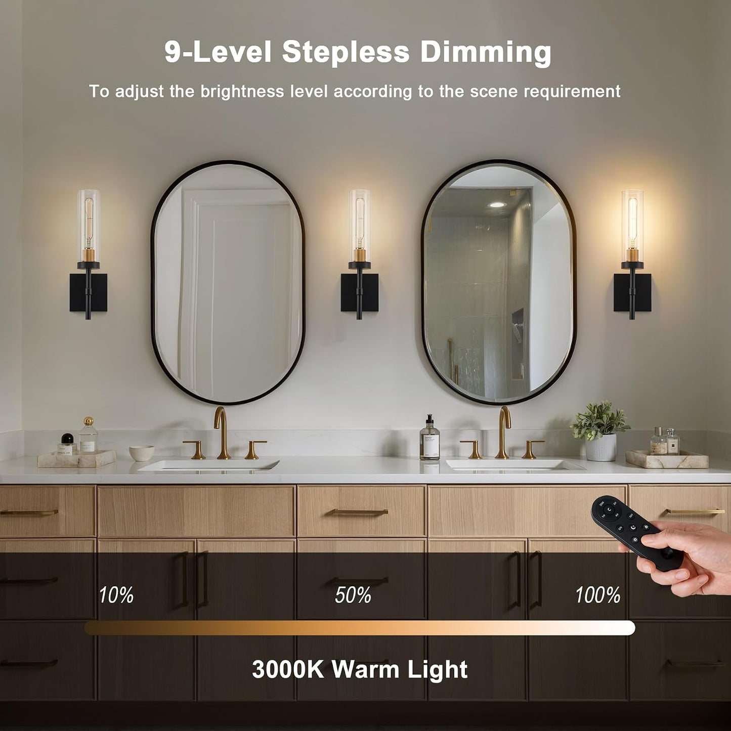 Wireless Wall Sconces with Remote Control, Battery Operated Wall Sconce Set of 2, Black & Gold Rechargeable Dimmable