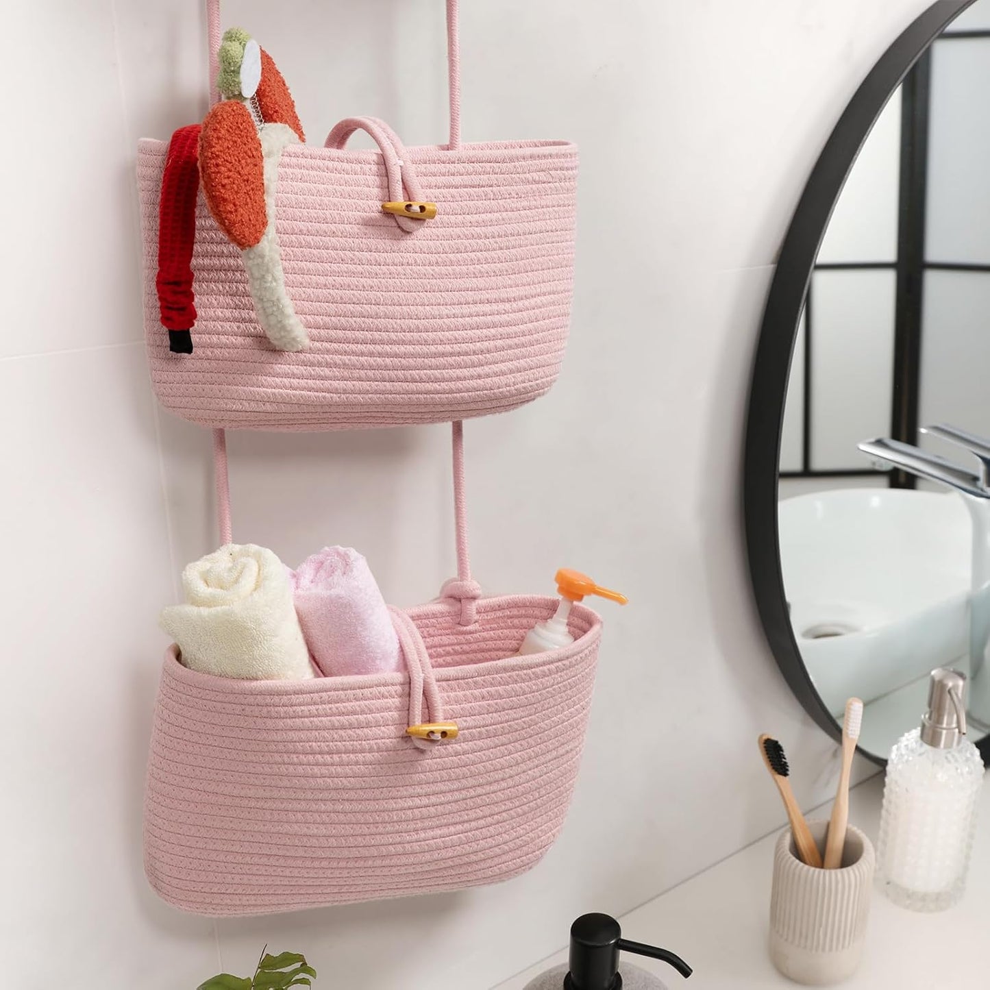 3-Tier Woven Cotton Storage Organizer Bag / Pink / 3 Tier+button