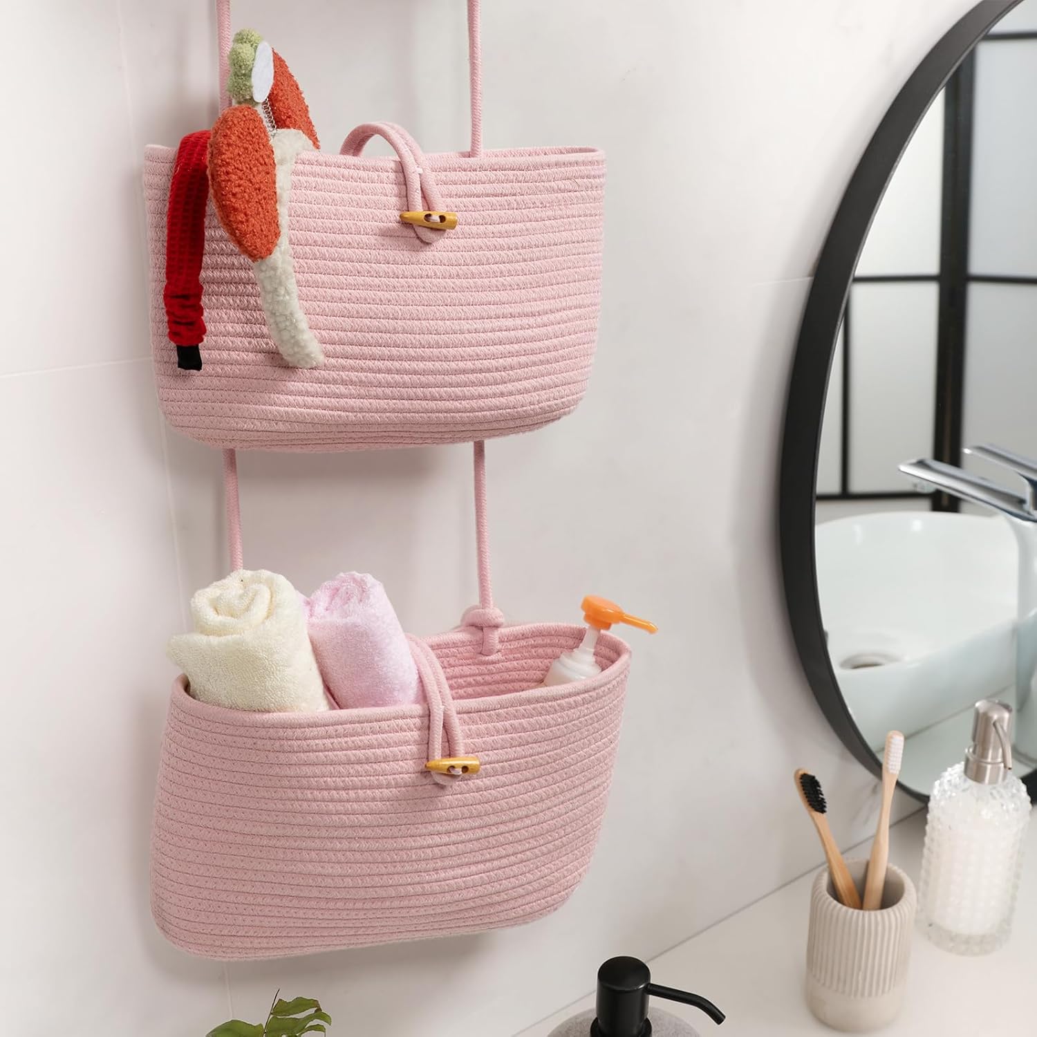3-Tier Woven Cotton Storage Organizer Bag / Pink / 3 Tier+button